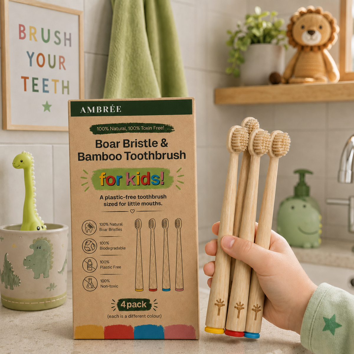 Boar Bristle & Bamboo Toothbrush for kids! (4 Pack)