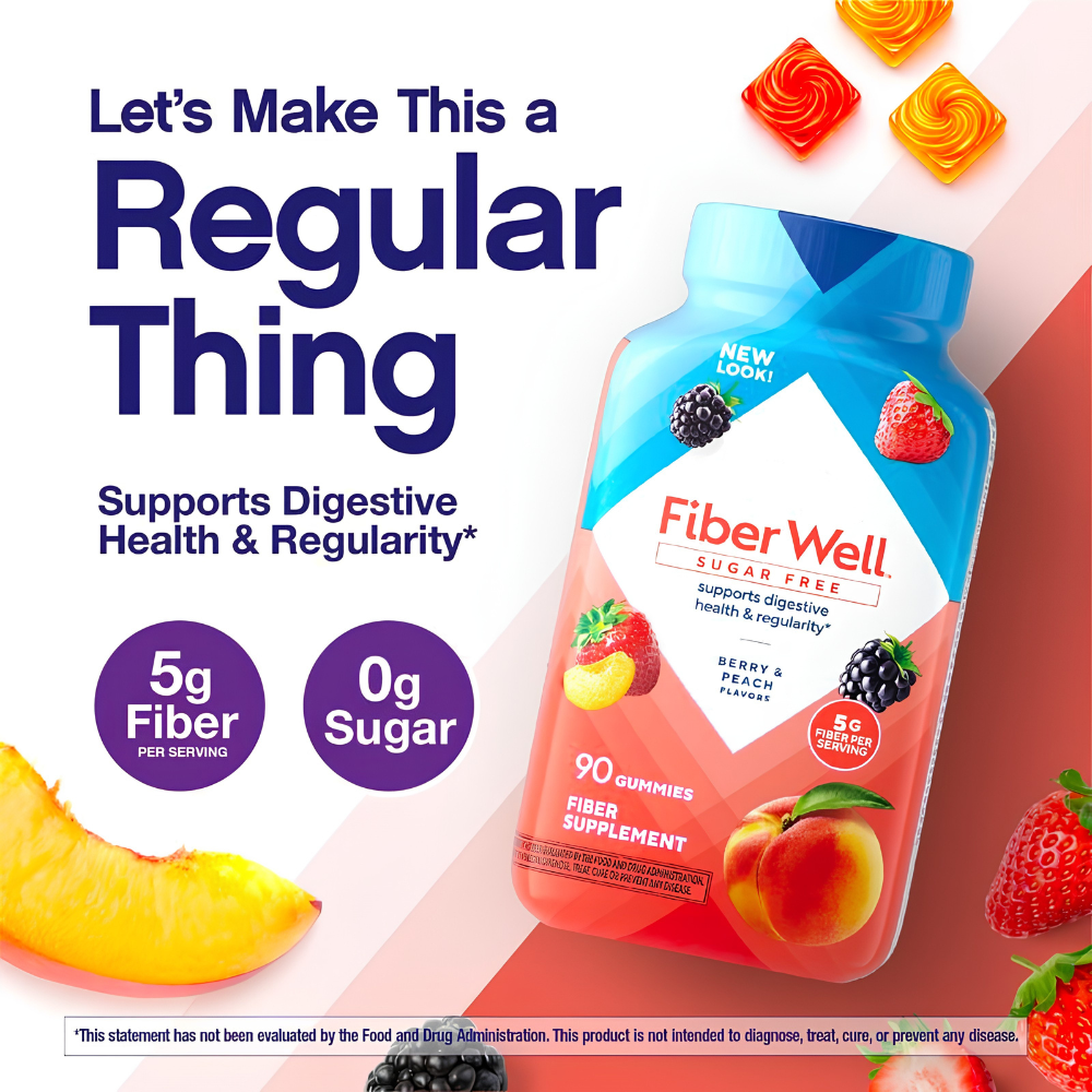Fiber Well Sugar Free Gummies - 5g - Berry & Peach Flavor Fiber Gummies - Supports Digestive Health & Regularity